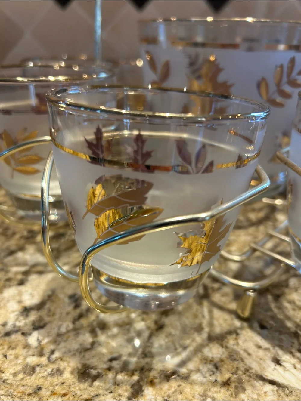 Vintage MCM Libbey Golden Foliage Set with 8 Glasses with Caddy & Ice Bucket.